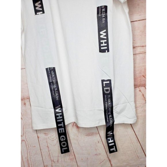 Rare Gold Leaf Large White Black Strap Design Crew Neck Designer T-Shirt - Picture 4 of 12